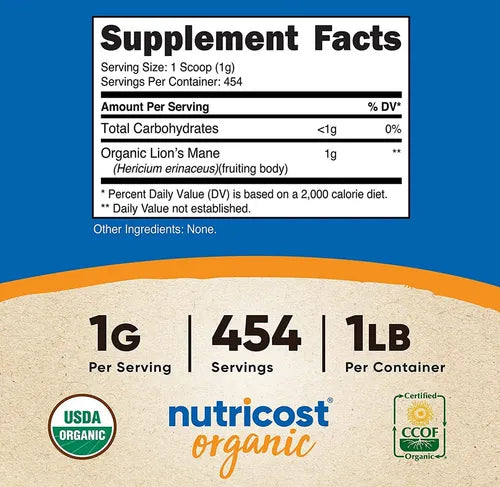 NUTRICOST ORGANIC LION’S MANE – Enfoca tu mente, eleva tu rendimiento